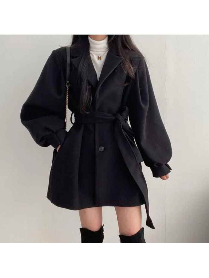Thickened autumn and winter strapping temperament, small suit collar, medium length woolen women's coat jacket