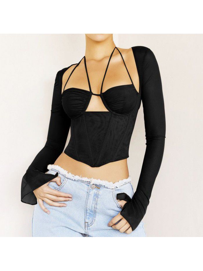 Summer Sexy Women's Mesh Square Neck Hollow Out Perspective Umbilical T-shirt Top Female 