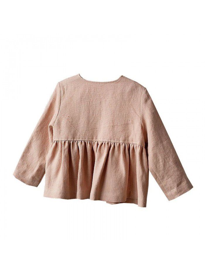 Spring and Autumn New Children's Wear Long sleeved Doll Shirt, Cotton and Hemp Small Market, Ruffle Edge Design, Girls' T-shirt Top 