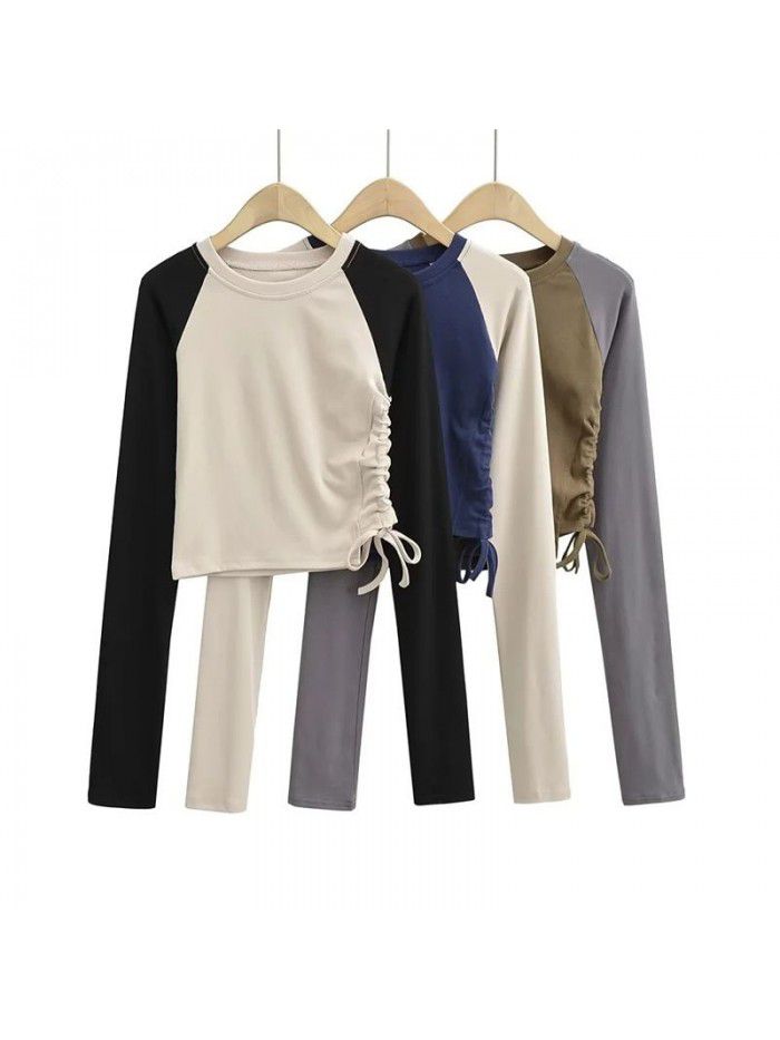 Fall side drawcord long-sleeved T-shirt sexy hot girl top new round neck contrast short bottom blouse women 