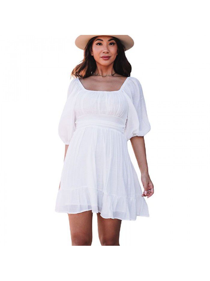 Dress Women's New Summer Off Shoulder Solid Color Lacing Ruffle Sleeves Casual Dress Women