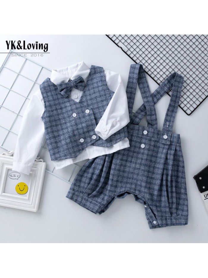 Children's Spring and Autumn Gentlemen's Dress Set Boys' Long Sleeve T-shirt Vest Strap Pants 3PK Set 