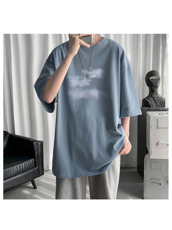 New pure cotton short sleeved T-shirt for men's creative trendy brand loose fitting men's half sleeved round neck T-shirt for men's clothing 