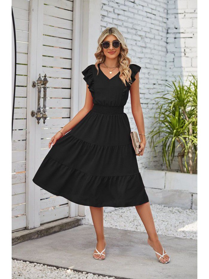 Women's New Wooden Ear Edge Sleeveless V-neck Waist Fold Dress 