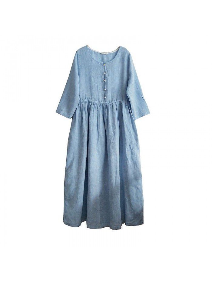 Pure linen medium sleeved medium length large swing dress 