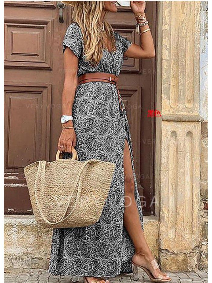 Bohemian style waistband printed long dress dress 