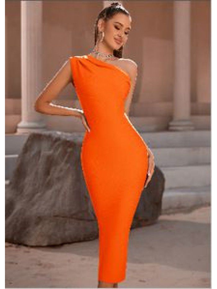 Fashionable and Elegant Women's One Shoulder Bandage Dress Sexy Sleeveless Tight Sky Blue Evening Dress 