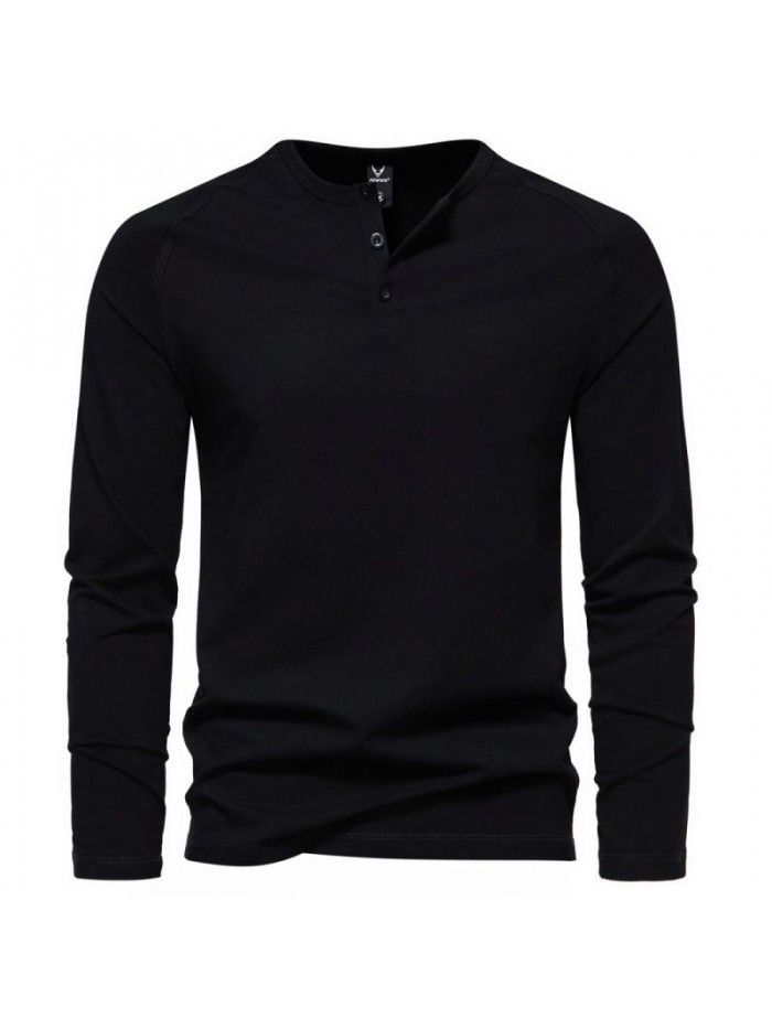 Autumn New Men's Henry Neck Long Sleeve T-shirt Large Casual Solid Underlay Shirt for Men 