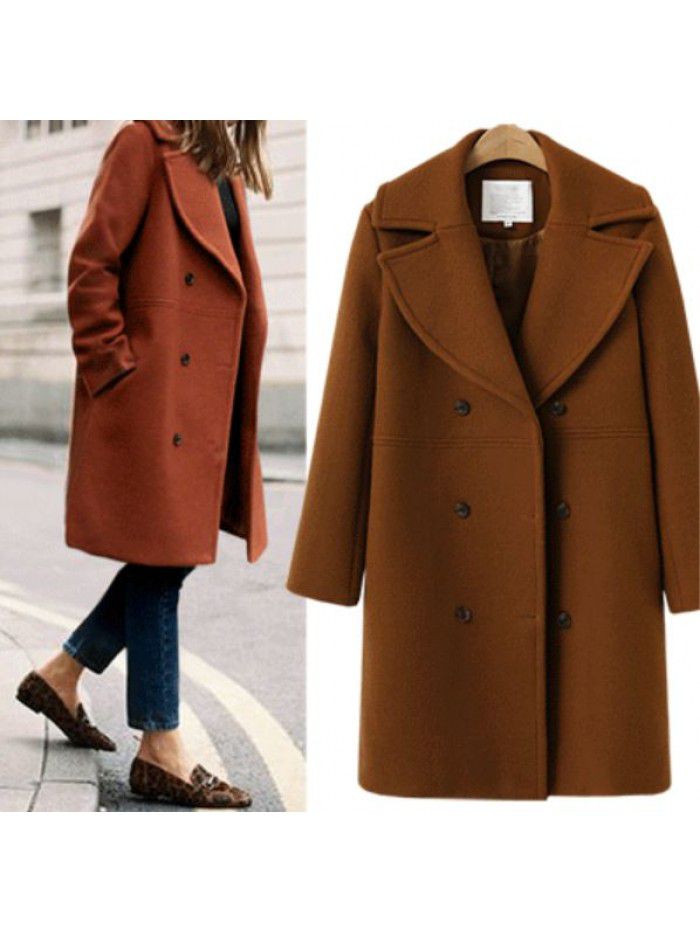 Autumn and winter women's woolen coat, women's double breasted medium length windbreaker, woolen coat