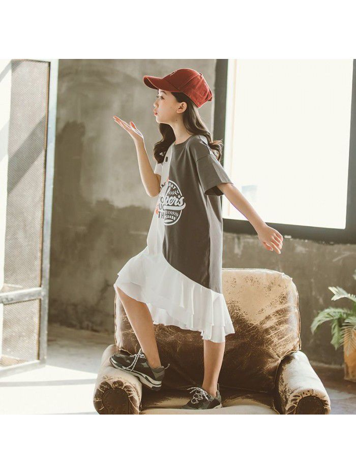 Summer Mid sized Girls' and Girls' Clothing Color Matching Letter T-shirt Short Sleeve Dress Children's Dress Parent-child Dress 