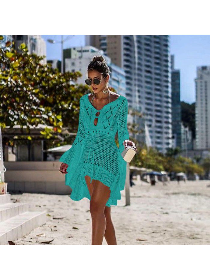 Women's Irregular Deep V Sexy Flare Sleeve Hollow out Woven Beach Cover Dress 