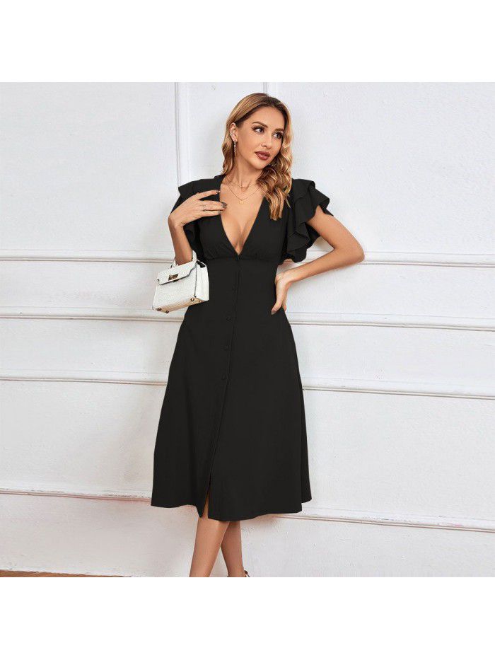 Women's New V-neck Sexy Backless A-line Dress Mid length Dress 