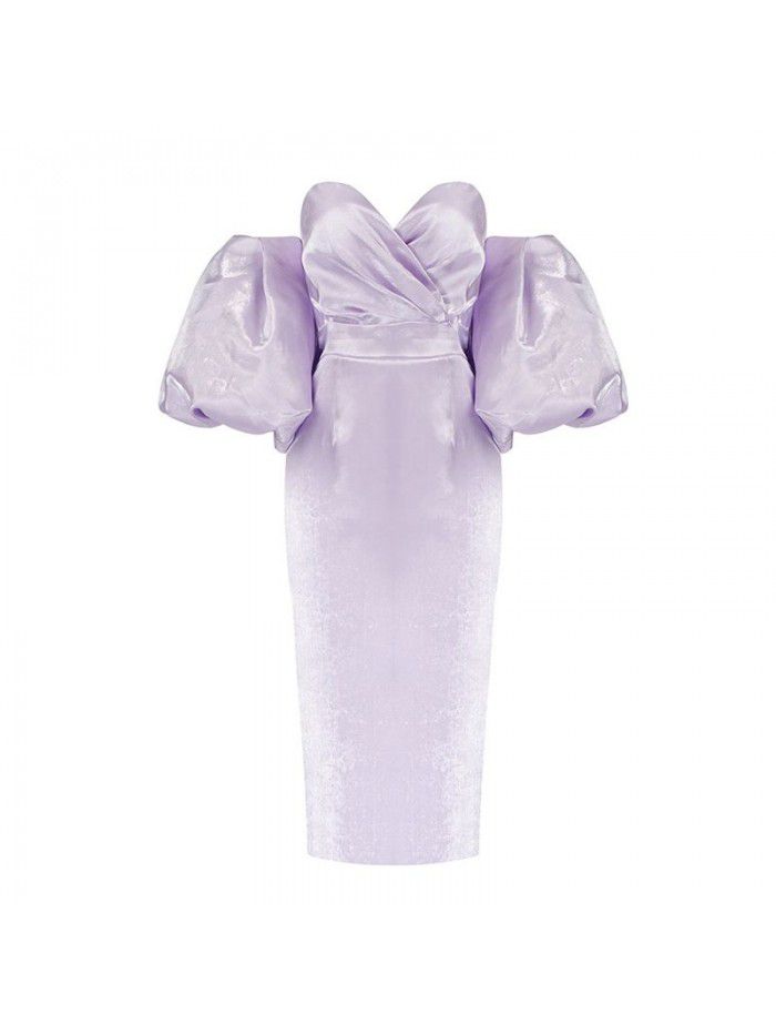 Autumn Women's Solid Color Wrapped Chest High Waist Lantern Sleeve Mid length Dress Dress 