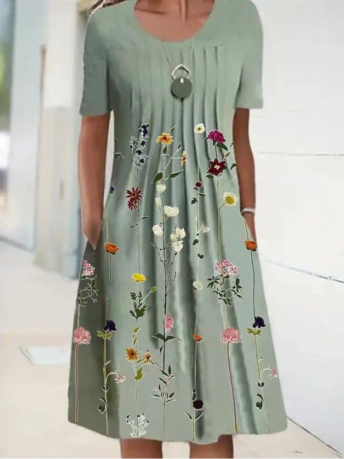 Summer New Women's Foreign Trade Round Neck Long Dress Flower Print Dress Women 