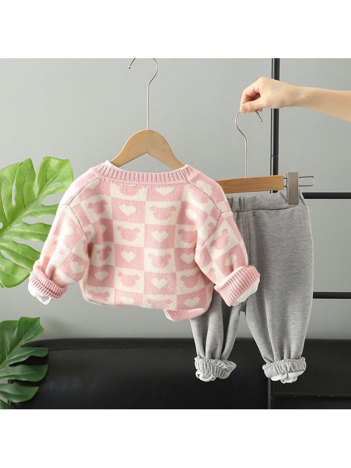 Children's autumn style girls' knitted cardigan jacket printed long sleeved T-shirt casual pants three piece set trend 