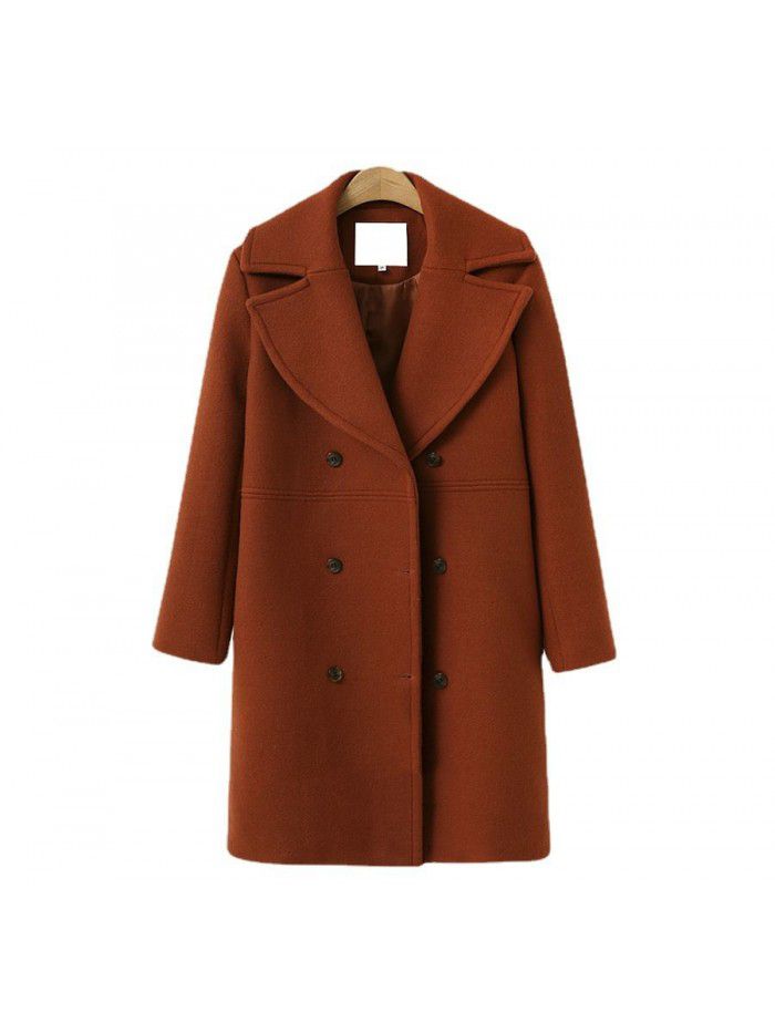 Autumn and winter women's woolen coat, women's double breasted medium length windbreaker, woolen coat