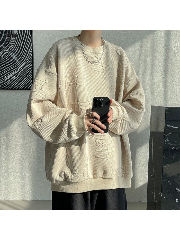 Men's trendy brand sweatshirt, spring and autumn style, with a layered bottom feel, vintage long sleeved T-shirt jacket 