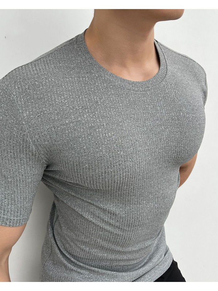 Sports Short Sleeve Men's Summer Solid Stripe Fitness Training Casual High Elastic Fit T-shirt Top 