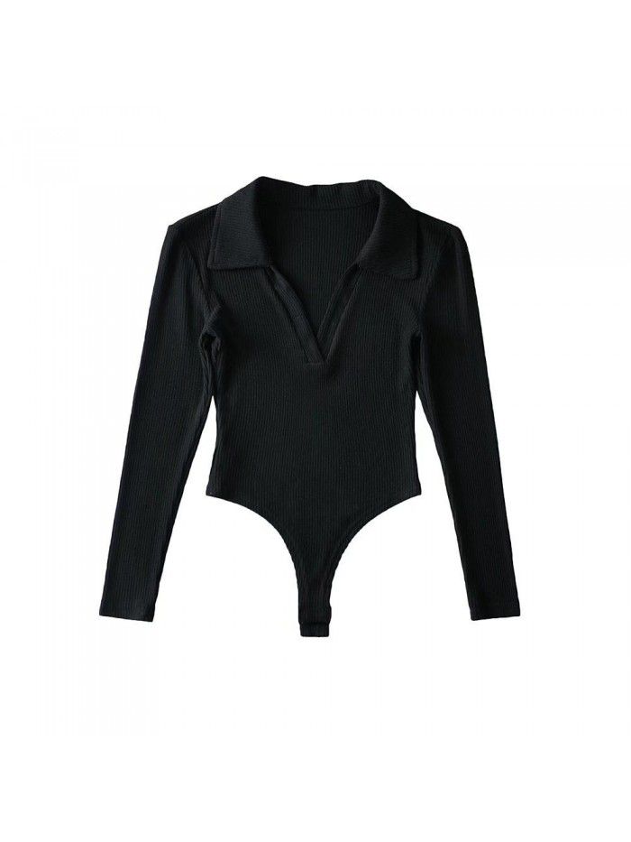 Deep V-neck long sleeved one piece women's autumn and winter polo collar slim fitting bottom T-shirt top 