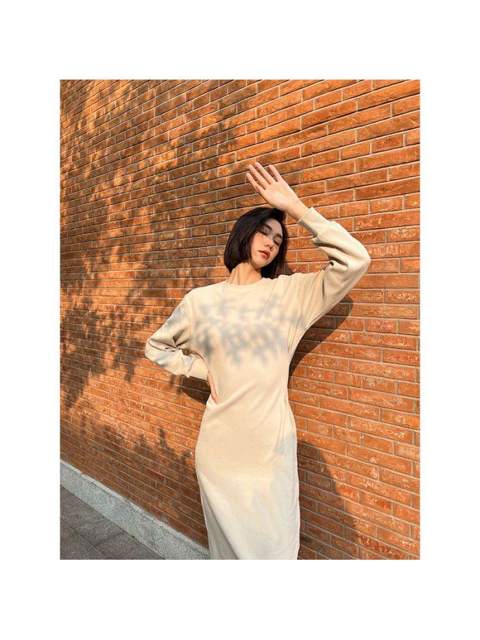 Early Autumn New Air Layer Waist Fold Sweatshirt Style Dress Shows Slim Length 