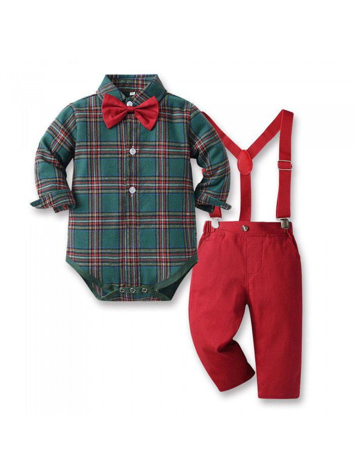 Clothing New Boys' Plaid Long Sleeve Polo Collar Cotton Cardigan Strap Pants Holiday Set Fashion Style 