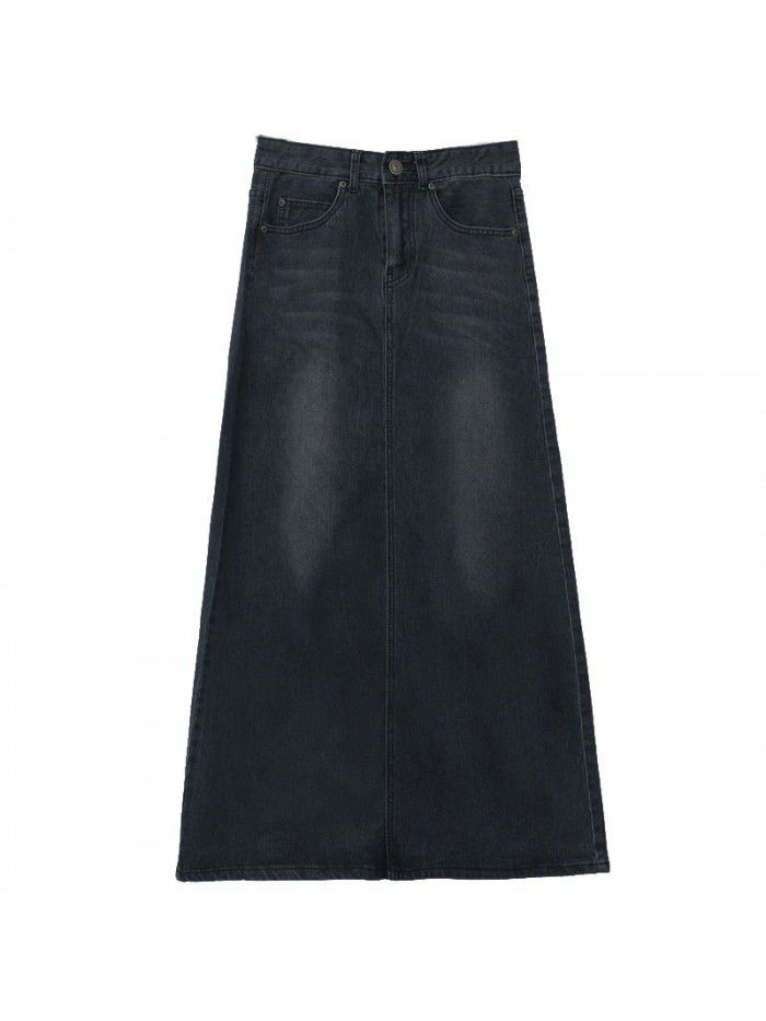 Spring and Autumn New Half length Skirt Mid length High Waist Long Dress Korean Elastic Large Size Floor Dragging A-line Denim Skirt Women 