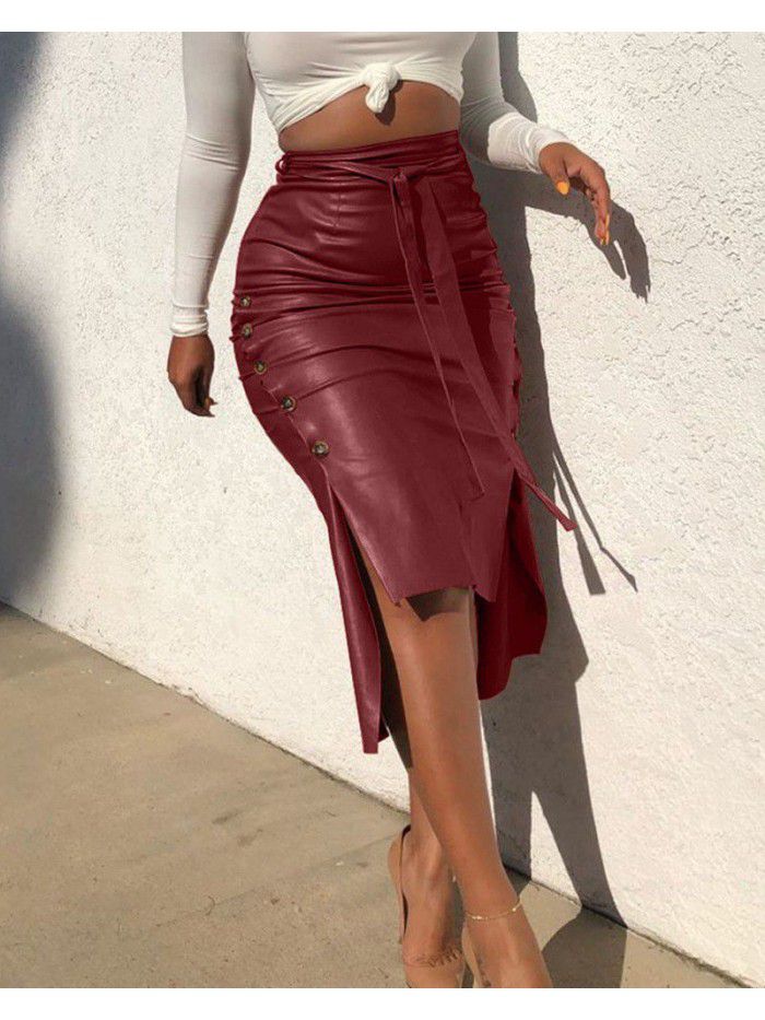 Women's Hot Sale Split Slim Fit Mid Length Wrapped Hip Skirt PU Skirt 