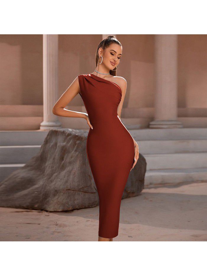 Fashionable and Elegant Women's One Shoulder Bandage Dress Sexy Sleeveless Tight Sky Blue Evening Dress 
