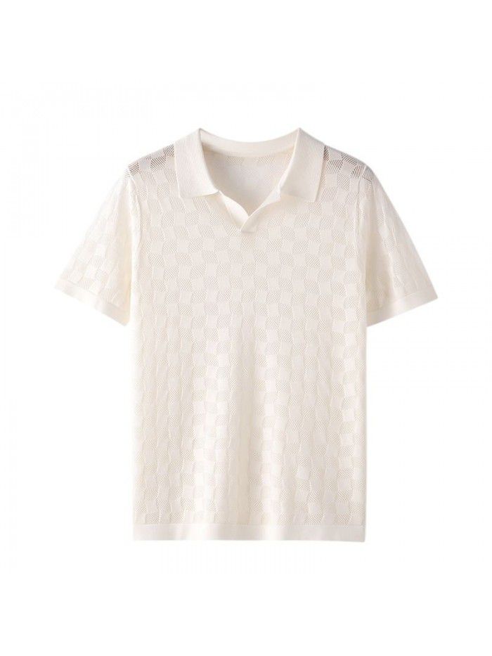 Summer thin mulberry silk thread hollow white Polo shirt Men's ice silk short sleeved business casual polo shirt 