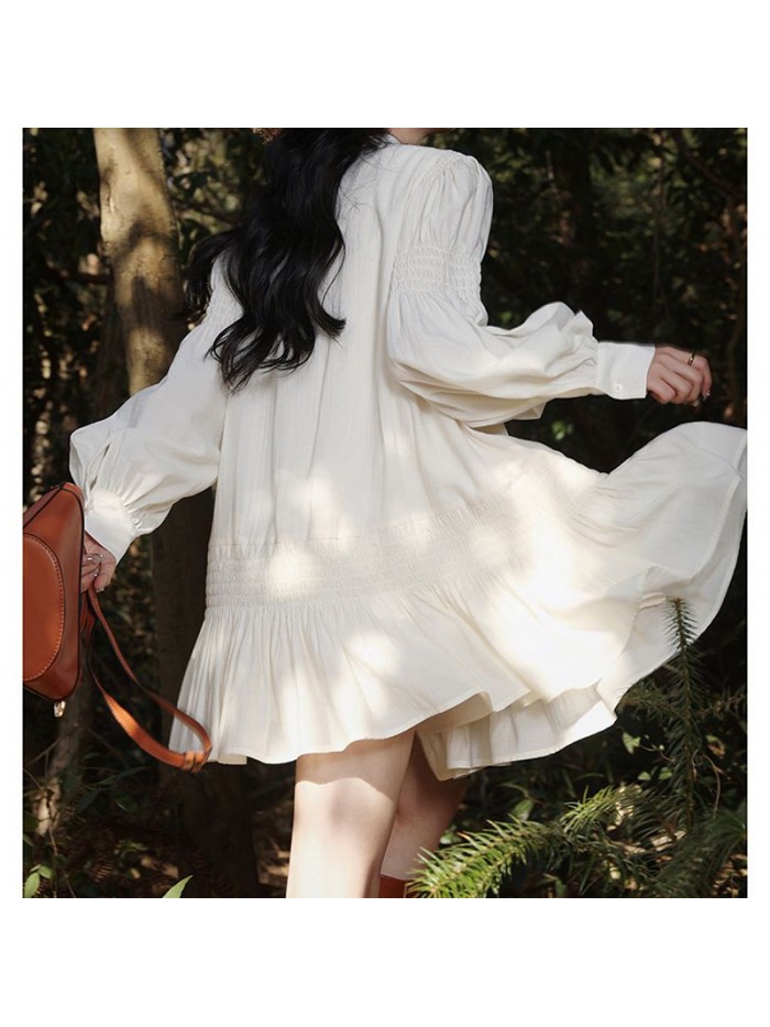 White V-neck dress for women's new early spring long sleeved tea break French haute couture dress summer 