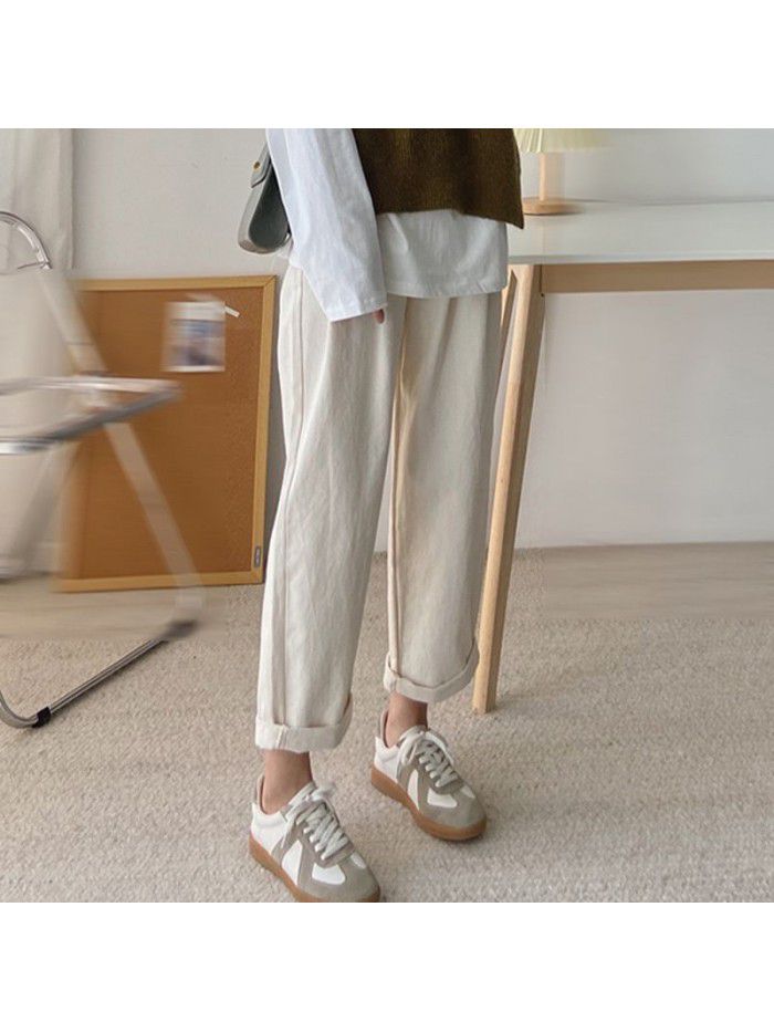 Loose fitting workwear women's casual pants Spring new half elastic waist slimming solid color versatile straight leg pants 