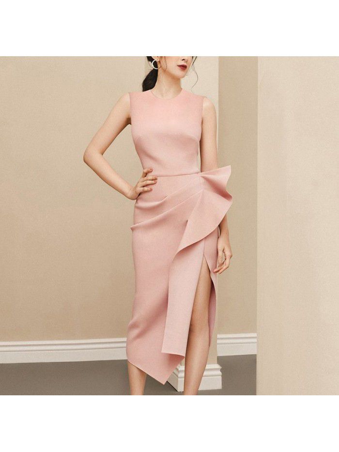 Celebrity Temperament Pink Slim Medium Long Dress High Waist Slim Fit Pleated Skirt Side Split Ruffle Edge Medium Long Dress 