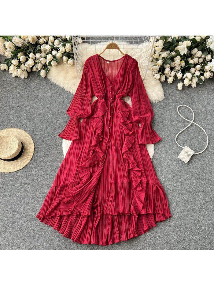 Fashionable and Sexy Solid V-Neck Ruffled Flare Sleeves to hem Dress 