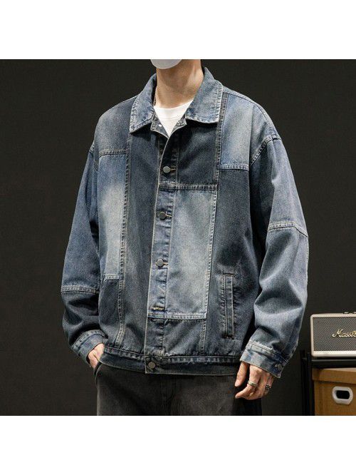 Large size patchwork denim jacket for men in sprin...