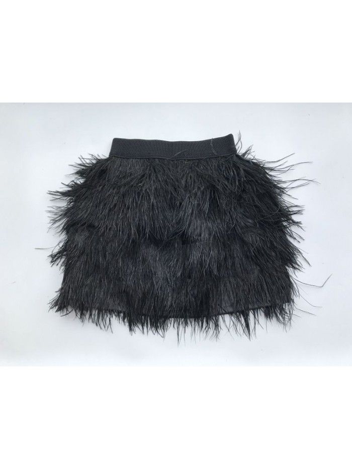 Pure black dazzling color A-line skirt, half length skirt, fur leather tassel skirt, autumn and winter fashion item 