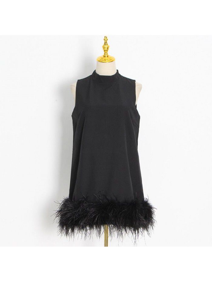 Autumn niche design feeling half high collar sleeveless solid color straight tube dress 