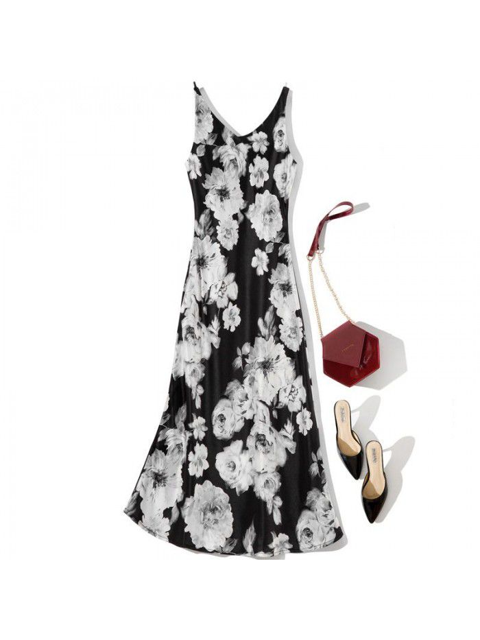 Autumn New Fashion Strap Printing Temperament Slim Fit Acetic Acid Women's Sleeveless Dress 