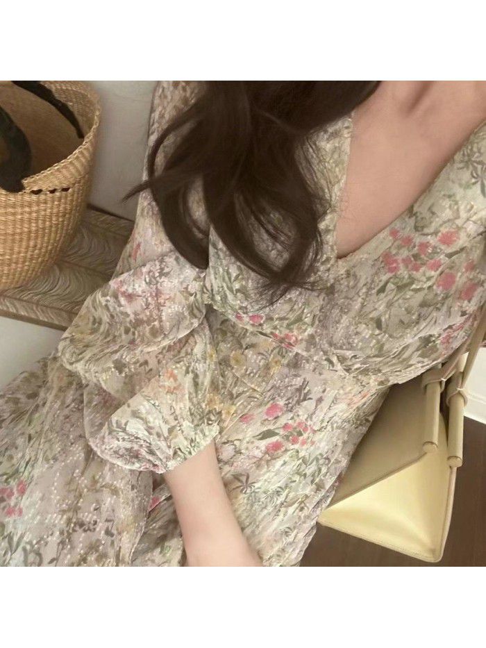 Autumn New Style Gentle and Solid Fairy Fragmented V-neck Chiffon Dress Long Dress 