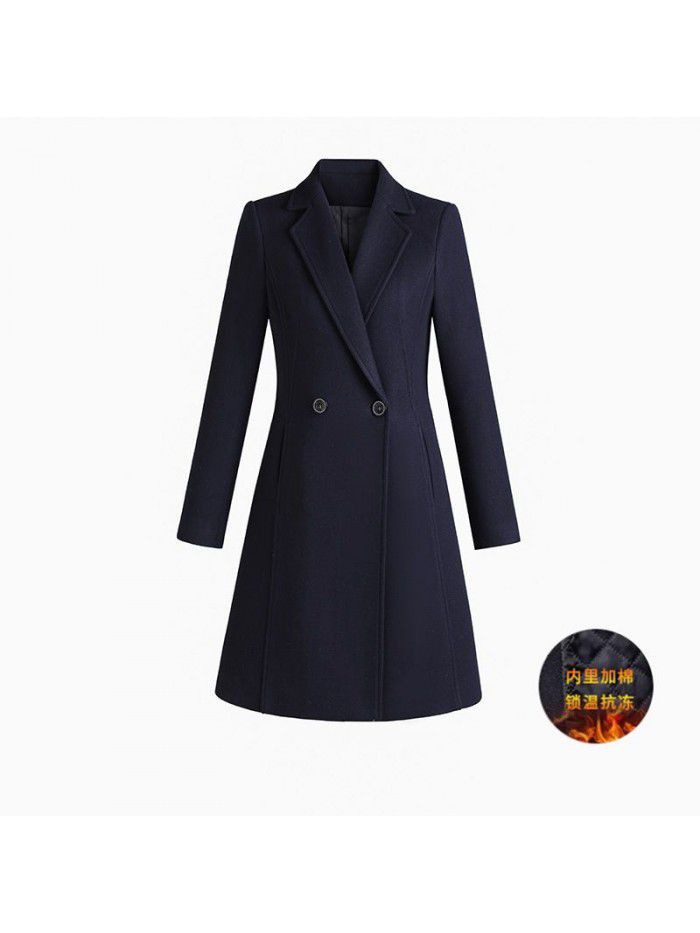 High end woolen coat, women's mid length winter thick cotton jacket, suit jacket