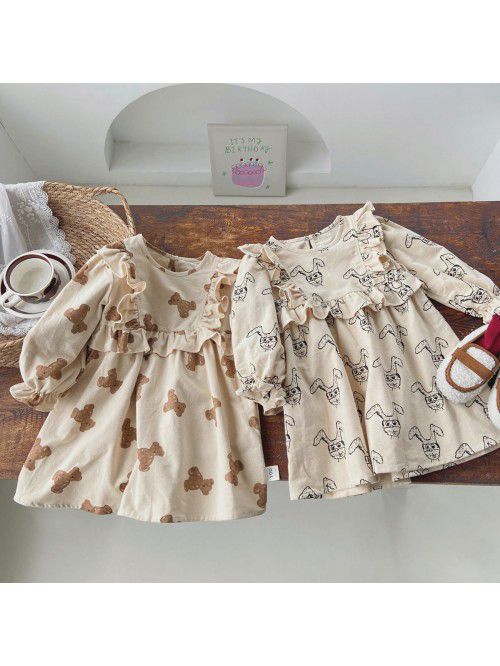 Children's Bear Printed Long sleeved Girls' Dress ...