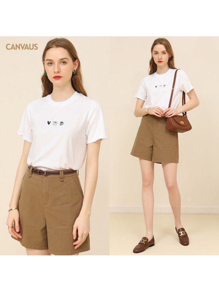 Summer new print short-sleeved t-shirt women's thin round neck cotton white cartoon top 