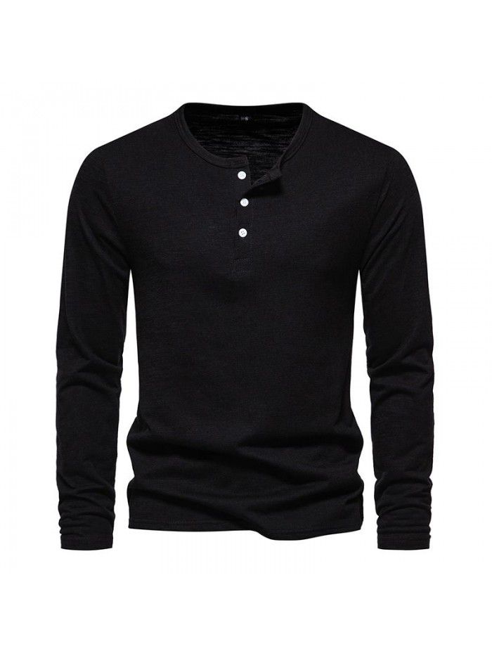 New Men's Long Sleeve T-shirt Fashion Solid Three Button Henry T-shirt Men's Top T-shirt Underlay 