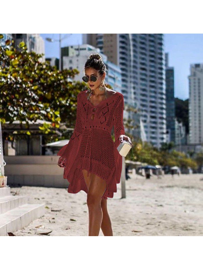 Women's Irregular Deep V Sexy Flare Sleeve Hollow out Woven Beach Cover Dress 