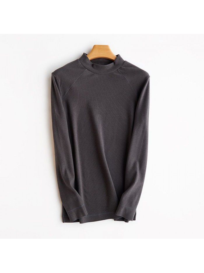 Heaty De Rong Half High Neck Open Shoulder Top Fashion Elastic Casual Bottom Long Sleeve Men's T-shirt 