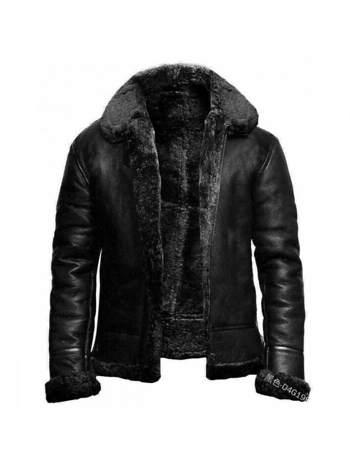Faux leather winter jacket with integrated fur collar, medium length men's coat, heavy industry new product, zipper fur edge coat 