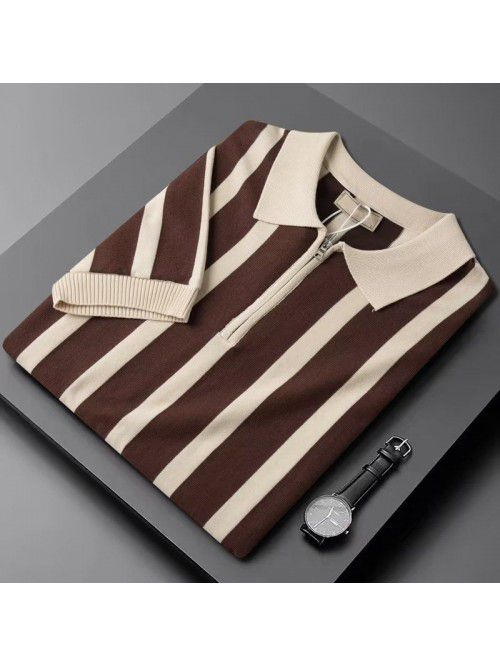 Half Zip Striped Polo Shirt Light Mature Summer Me...