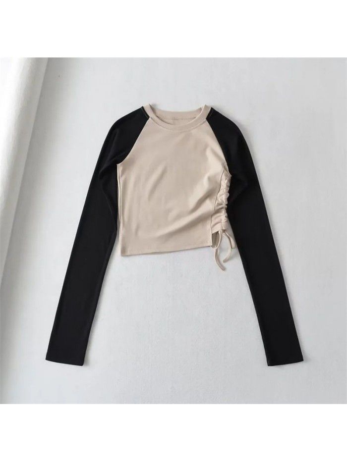 Fall side drawcord long-sleeved T-shirt sexy hot girl top new round neck contrast short bottom blouse women 