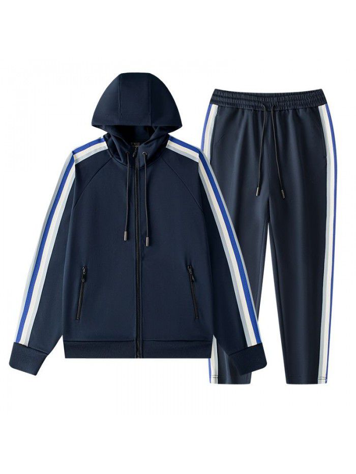 Autumn and Winter Sports Set Men's Windbreaker Hooded Cardigan Sweater Coat Long Pants Two Piece Running Training Casual 