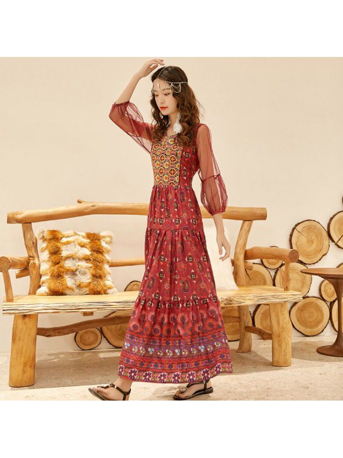 3/4 Sleeve Mesh Printed Long Dress Embroidered Ethnic Style Swing Dress 