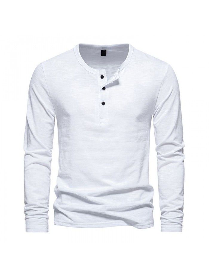 New Men's Long Sleeve T-shirt Fashion Solid Three Button Henry T-shirt Men's Top T-shirt Underlay 